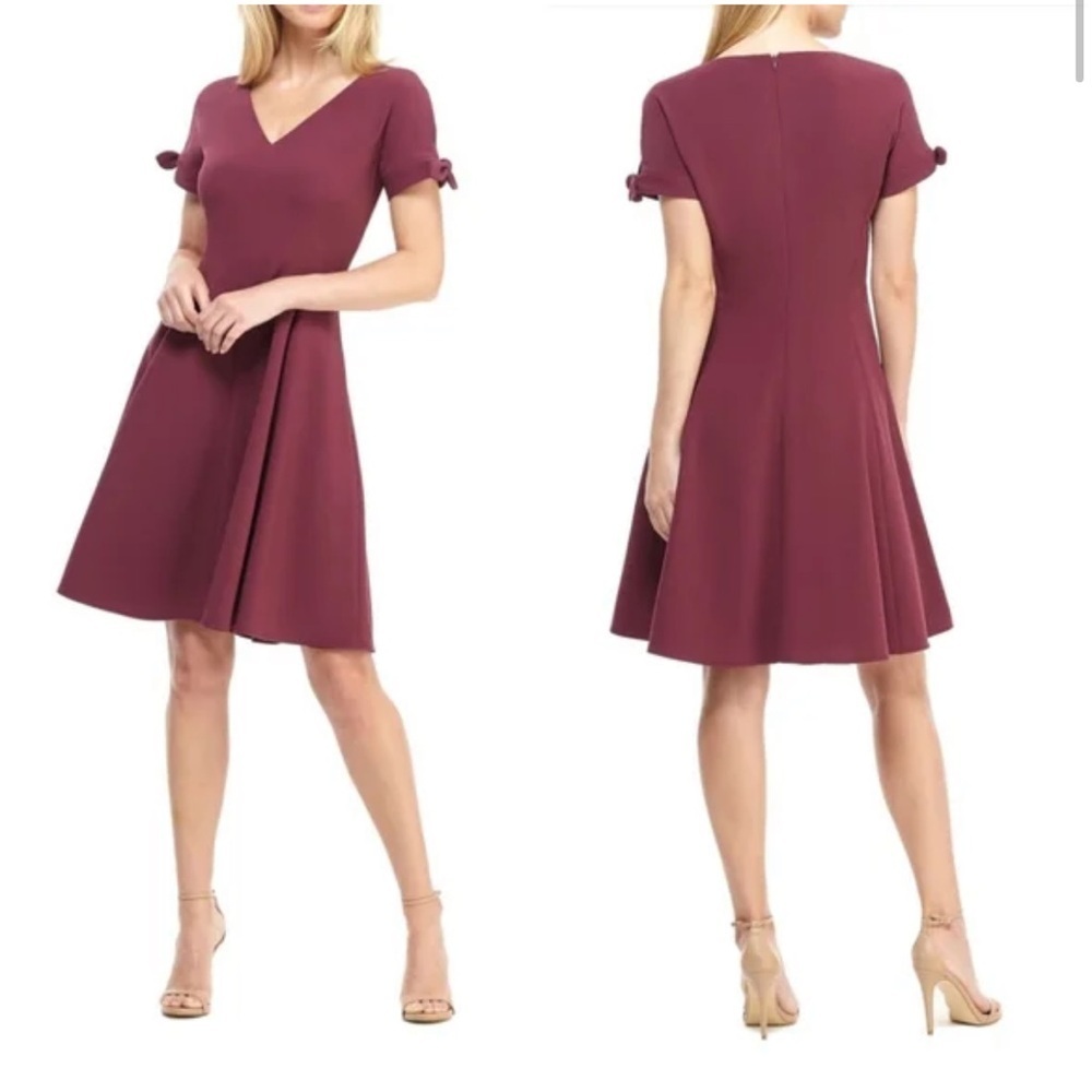 Gal Meets Glam Collection Serena Tie Cuff Fit and Flare Dress Burgundy 4 - Picture 2 of 14